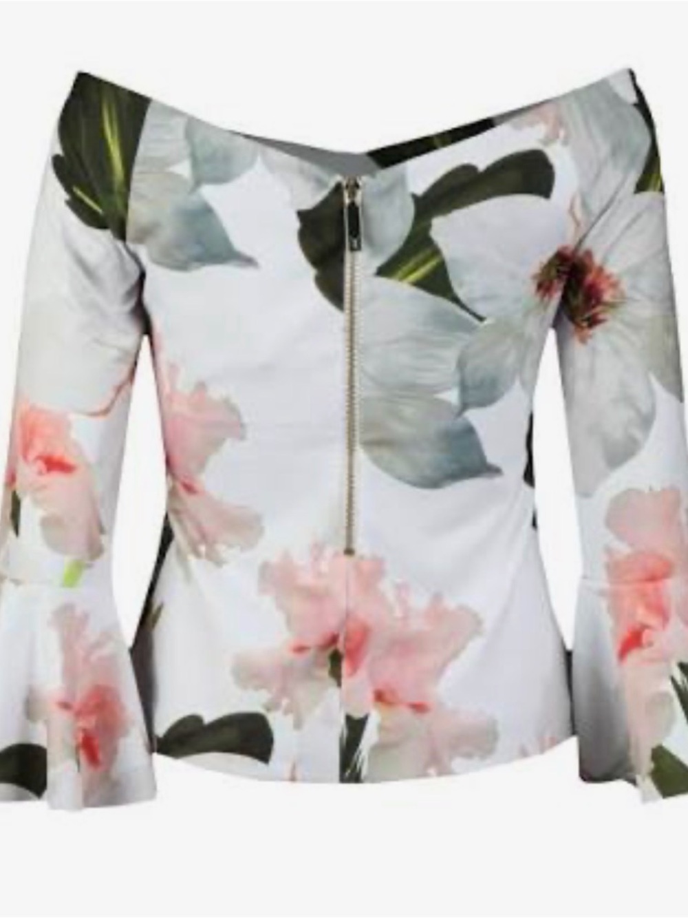 Ted Baker Off-Shoulder Floral Zip-Front Blouse in White and Pink